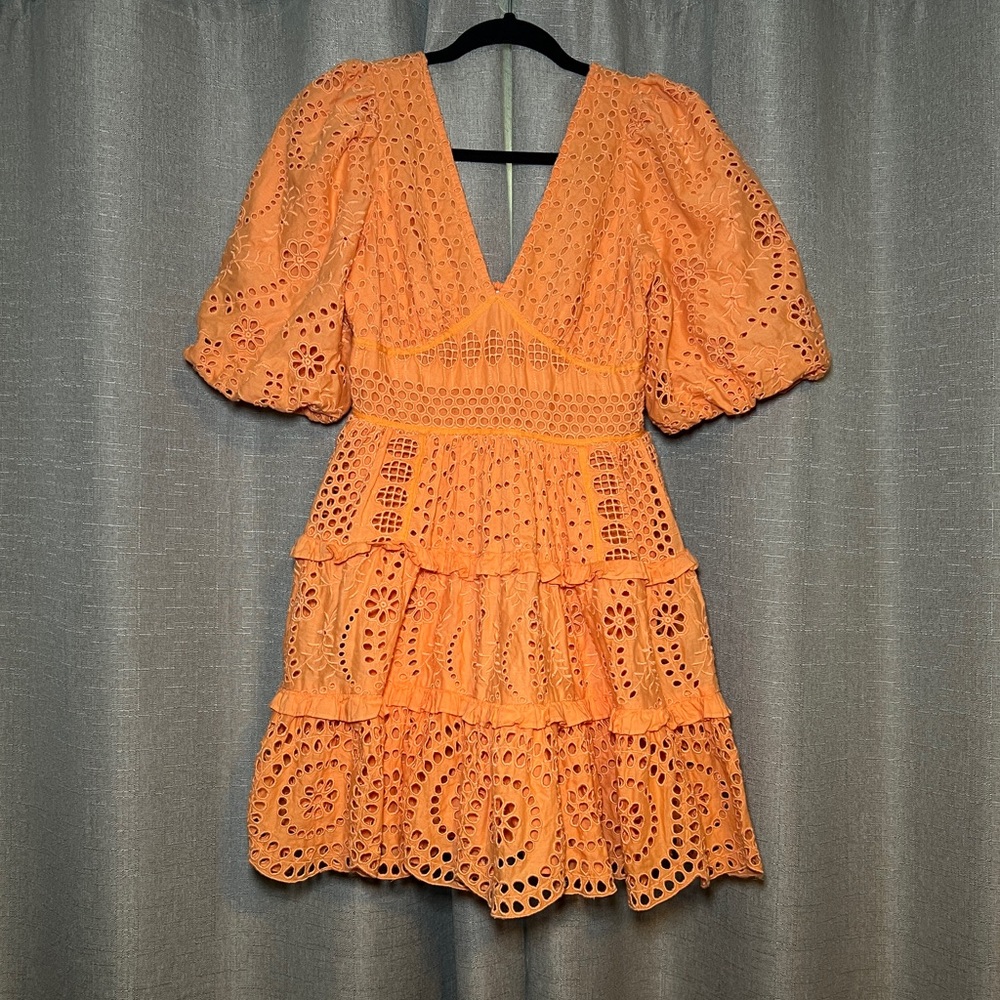 Cynthia Rowley Orange Eyelet Puff Sleeve 100% Cotton Mini Sun Dress Size US 2